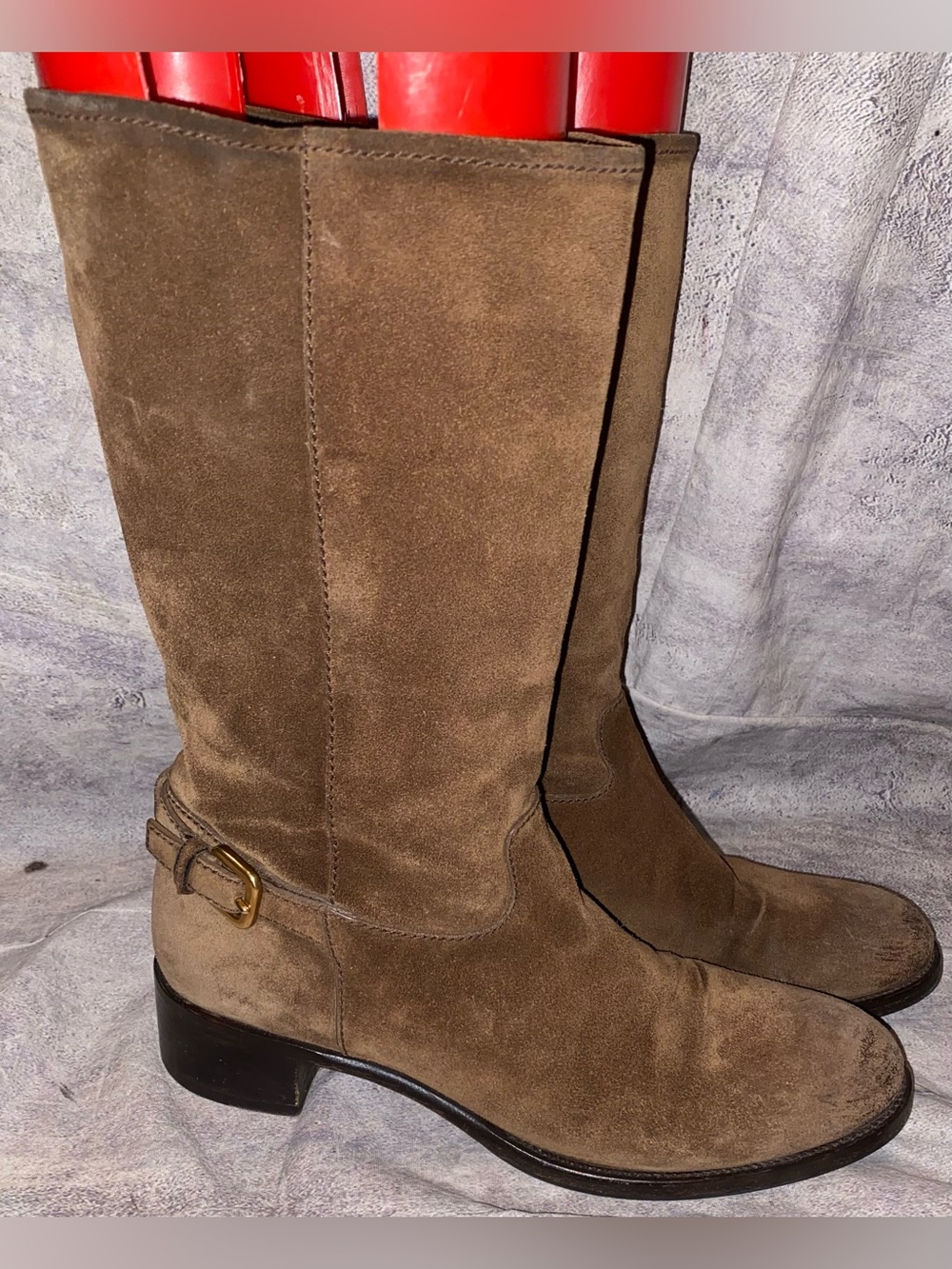 Prada Brown Snuff Suede Heeled Ankle Boots Booties 8.5 38.5 Italy Buckle Accent